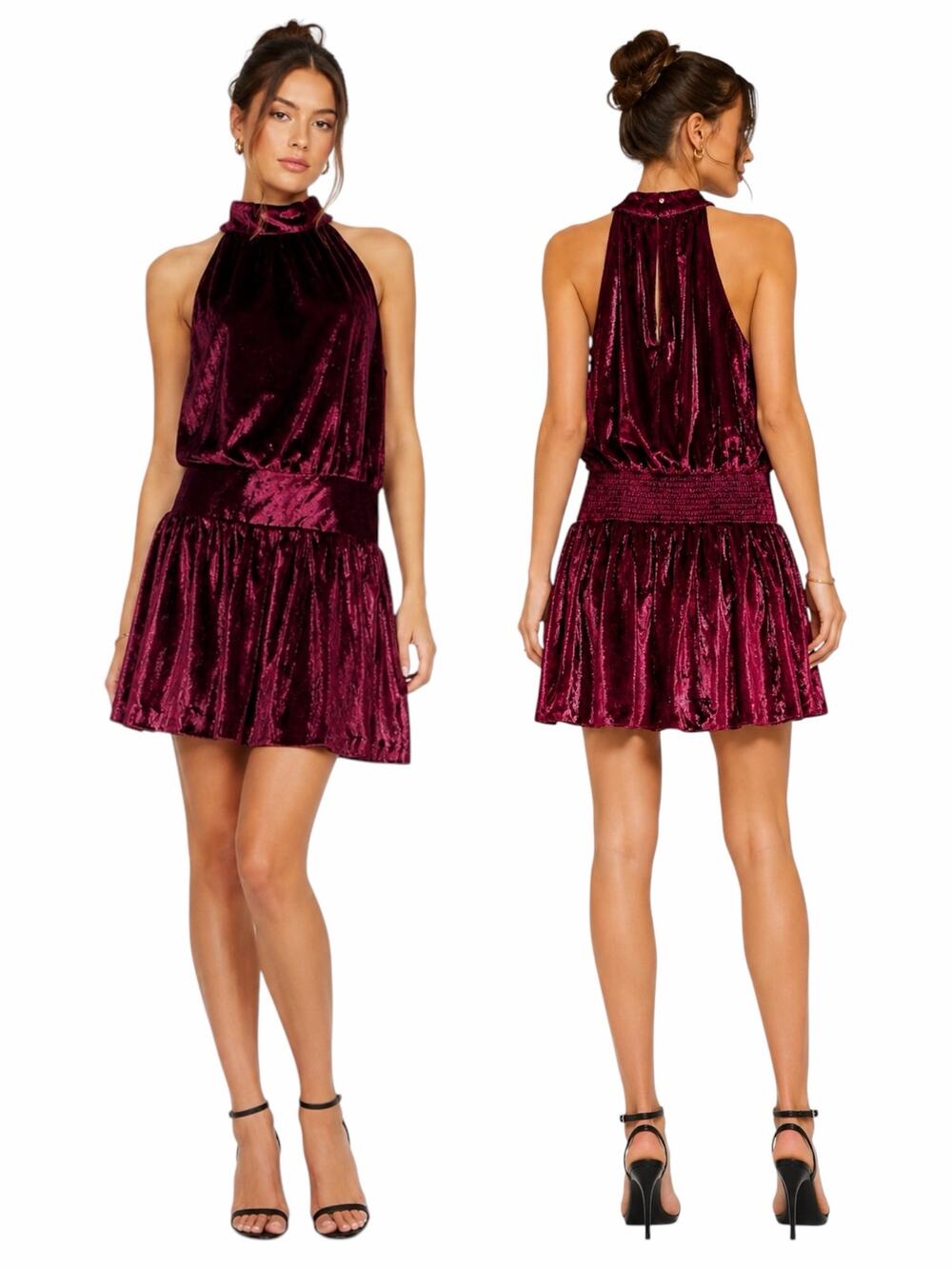 Ramy Brook Ellin Velvet Halter Neck Blouson Mini Dress Deep Red Size L